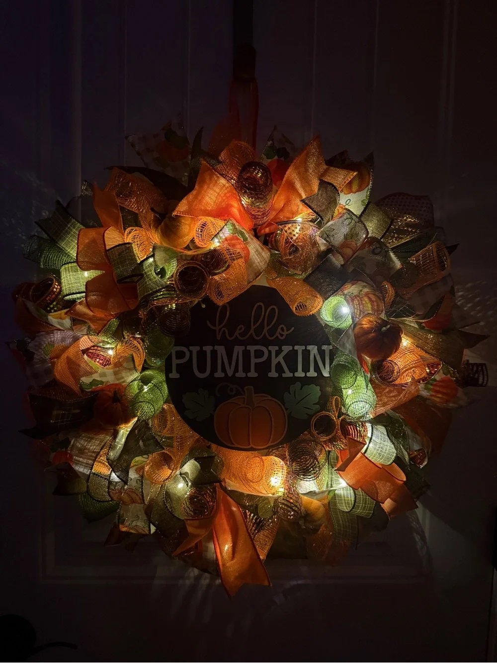 Handmade Hello Pumpkin Ribbon Welcome Door Wreath Fall Leaf 22 in LED W24